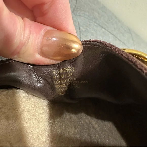 Vince Camuto Canzenee Chocolate Suede Mules with Gold Buckle - Picture 8 of 10